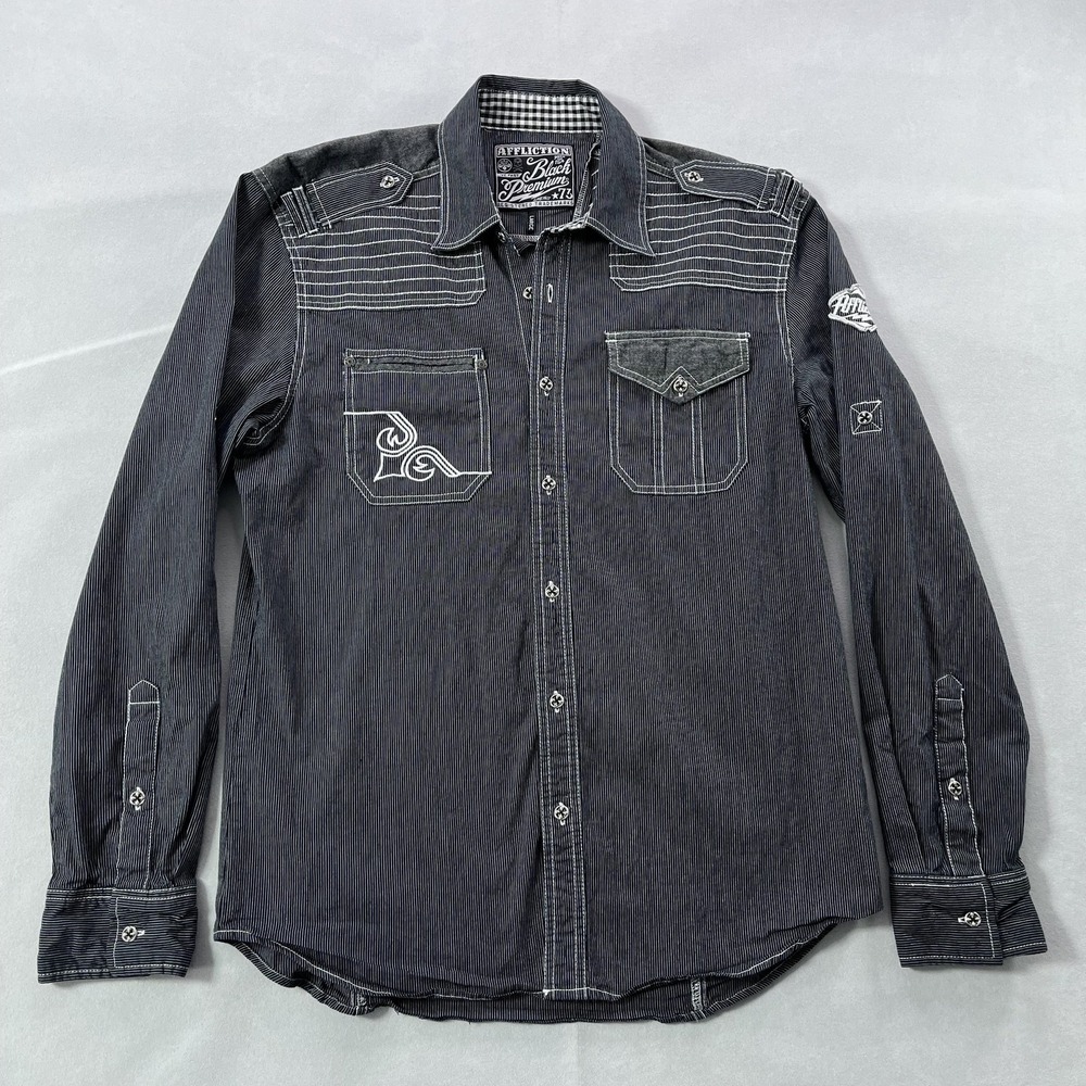 Affliction‎ Black Premium Shirt Mens Large Slim Black Stripe Embroidered Y2K